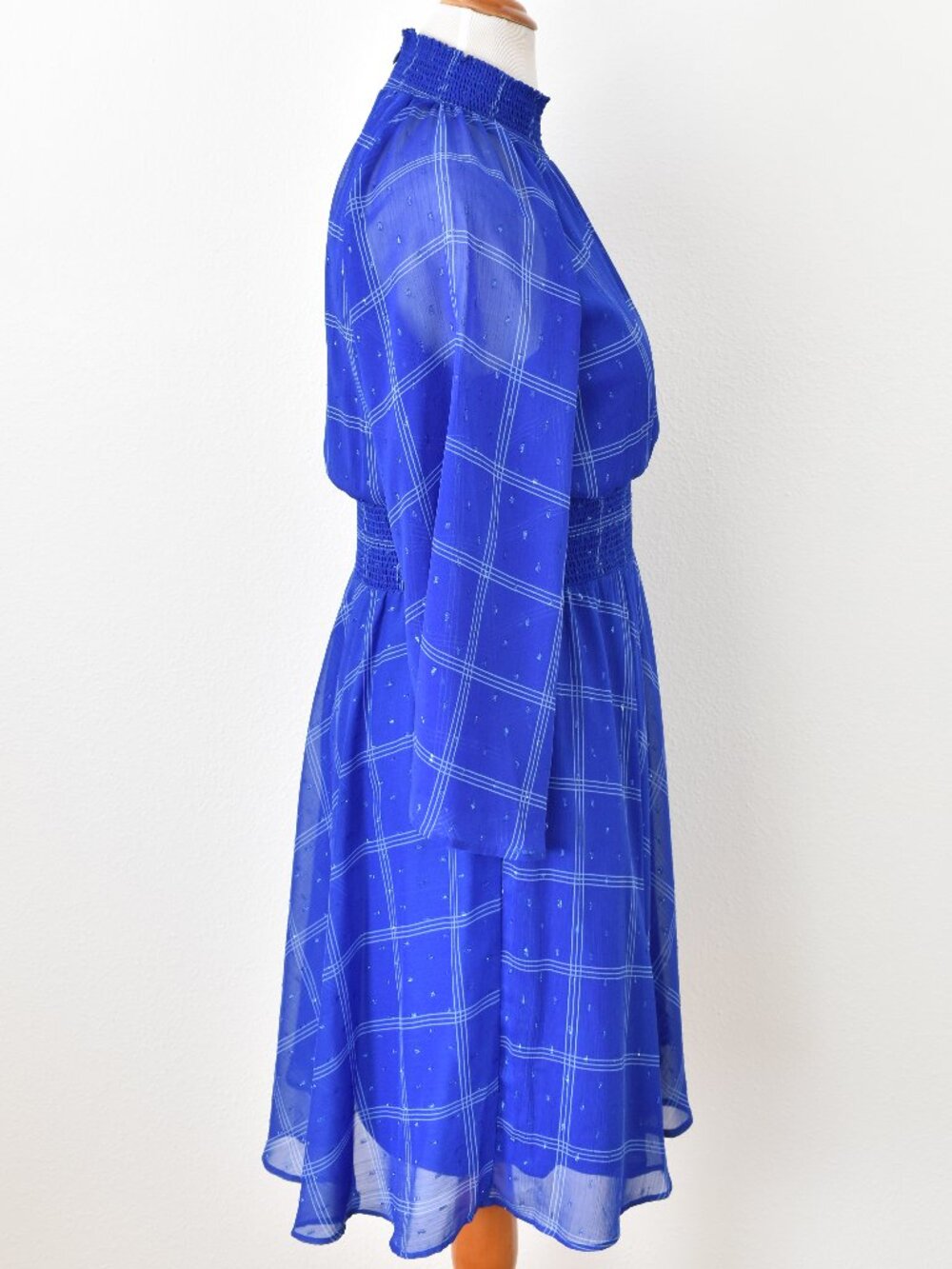 Calvin Klein Plaid Chiffon Mock Neck Smocked Detail Dress - 12 - Picture 6 of 13